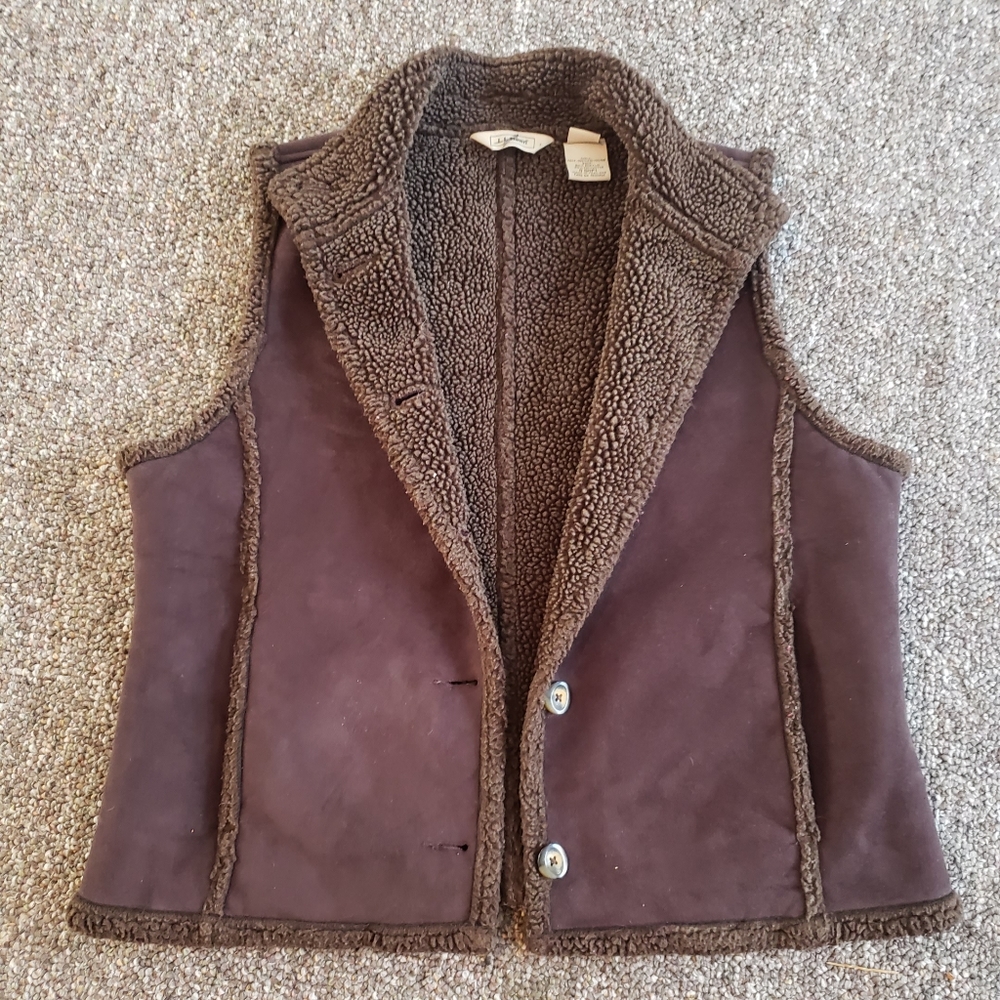 Women's LL Bean Faux Suede Sherpa Lined Brown Vest Size L Large
